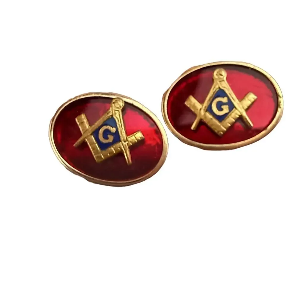 Vtg Freemason Masonic Cufflinks Red Enamel Oval Mason Goldtone Square & Compass